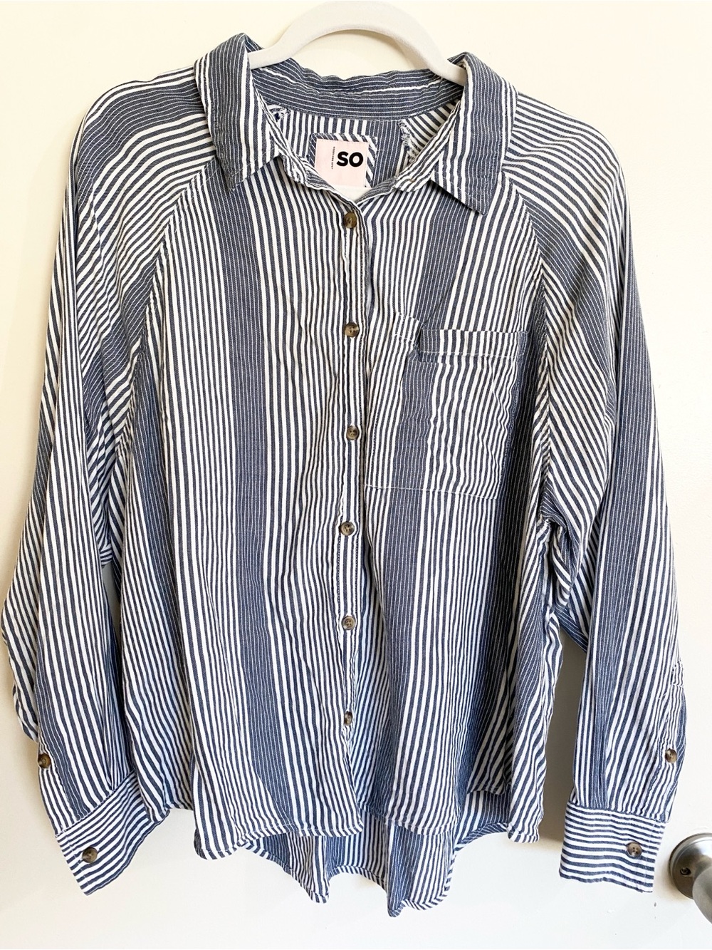 SO Navy and White Vertical Stripe Button-Up Long Sleeve Collared Shirt, Large - Picture 1 of 7